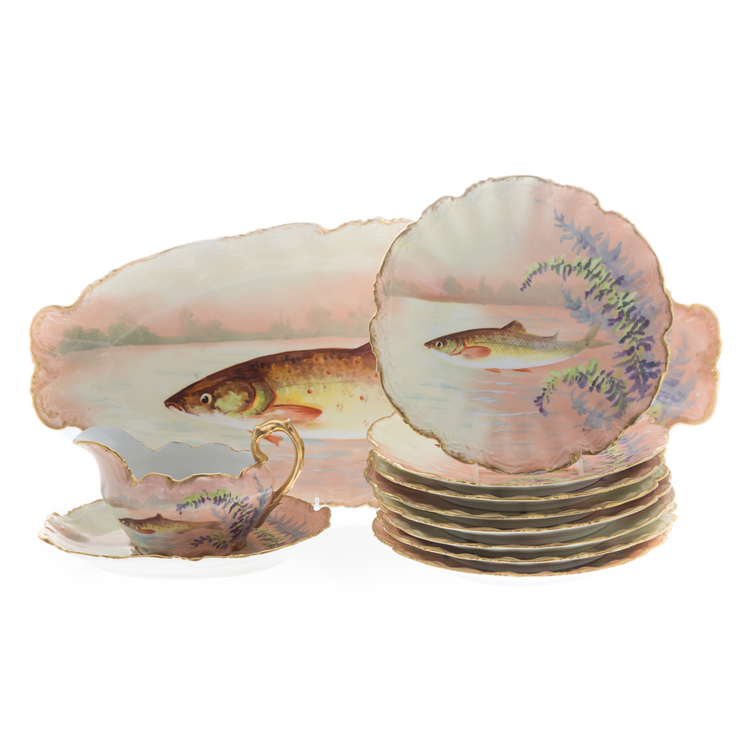 Appraisal: Limoges painted porcelain -piece fish set late th early th