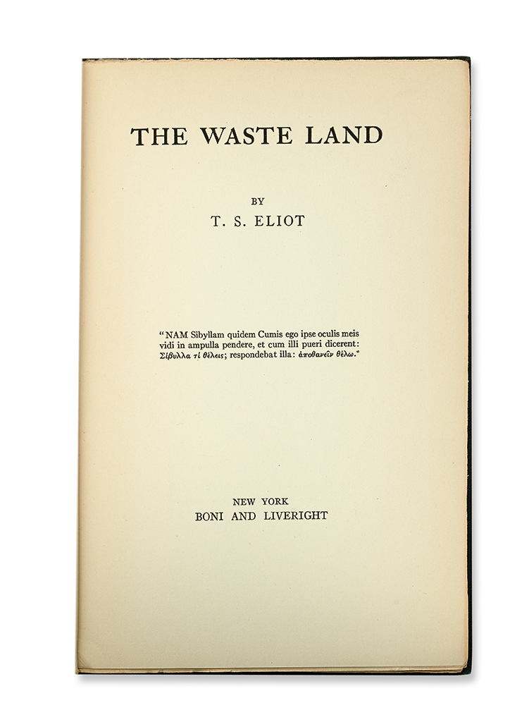 Appraisal: ELIOT T S The Waste Land vo publisher's stiff black