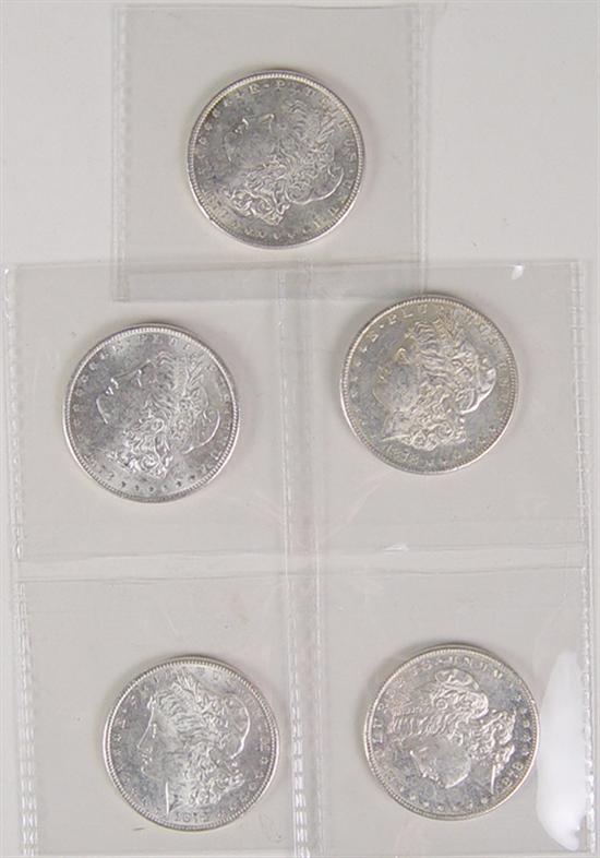 Appraisal: Five -S BU Morgan Dollars Grade range MS - Some