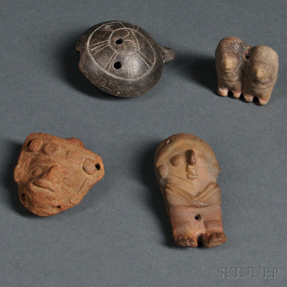 Appraisal: Four Pre-Columbian Ocarinas and Whistles includes a figure from the