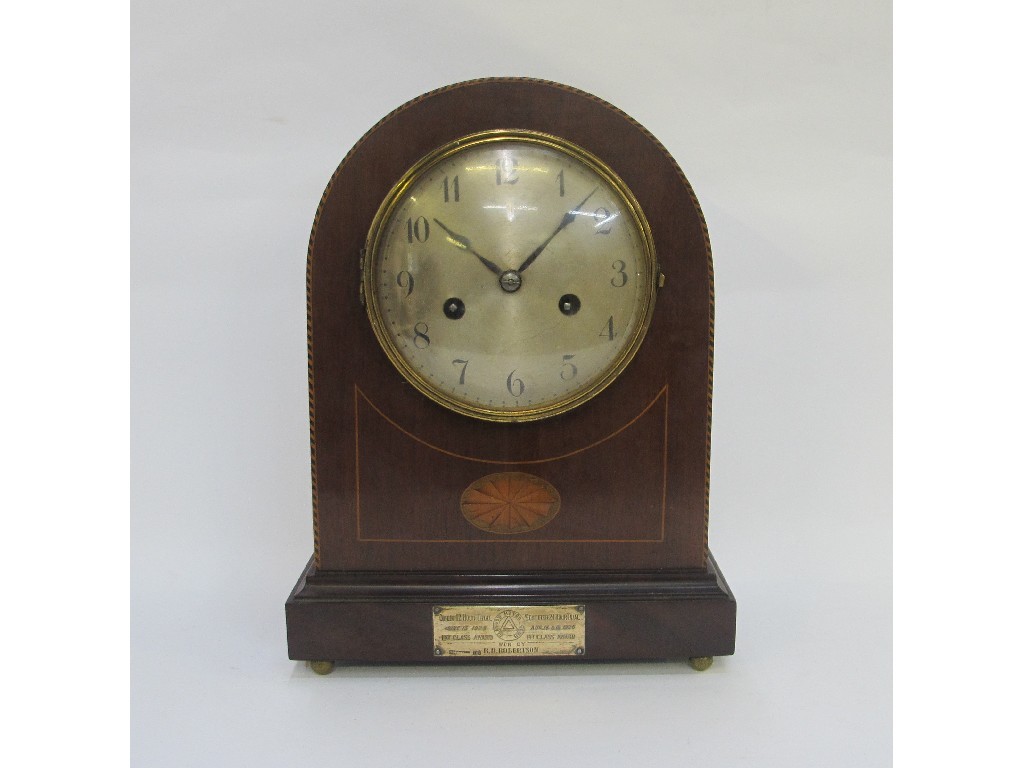 Appraisal: Edwardian mahogany cased mantle clock with inlaid decoration an presentation