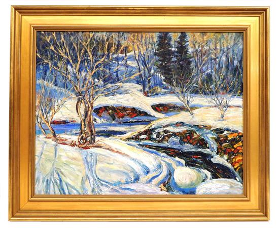 Appraisal: th C oil on canvas winter landscape depicting central forking