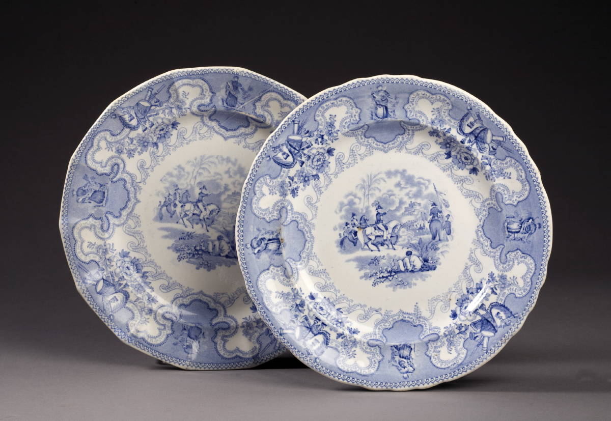 Appraisal: TEXIAN CAMPAIGNE BATTLE OF CHAPULTEPEC PAIR OF STAFFORDSHIRE LIGHT-BLUE TRANSFER-PRINTED