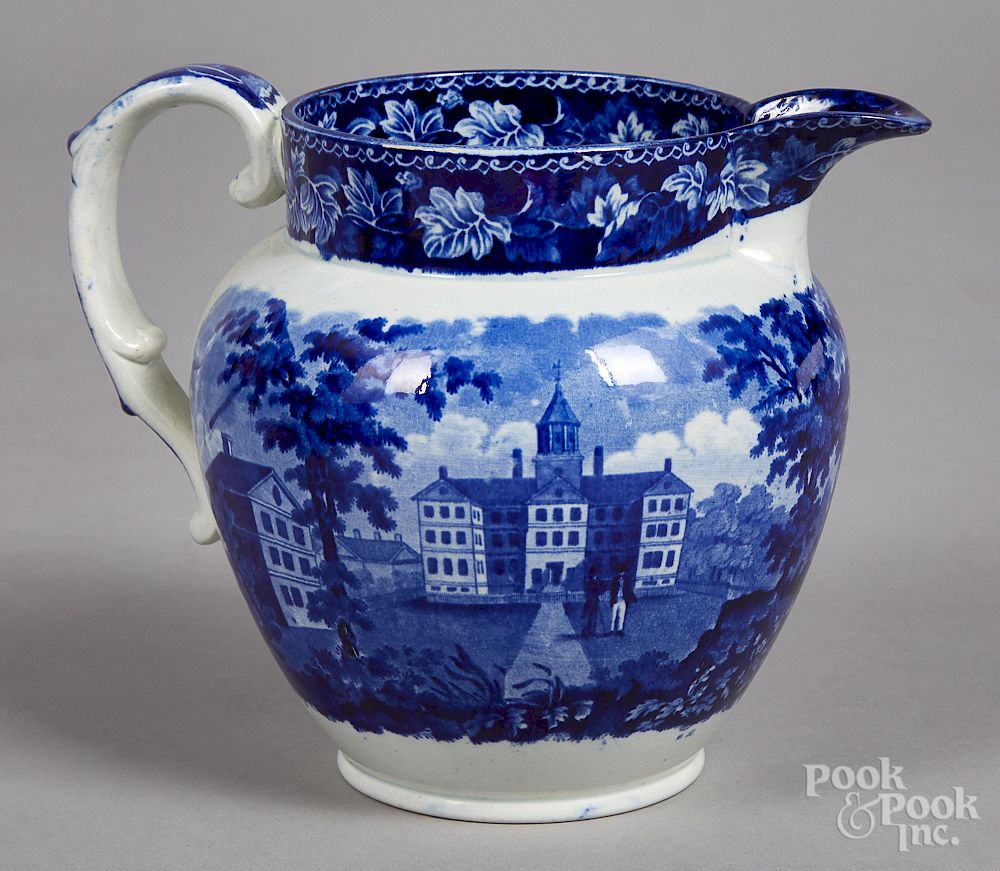 Appraisal: Historical blue Staffordshire pitcher Historical blue Staffordshire City Hall New