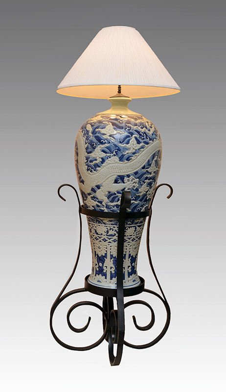 Appraisal: PALATIAL CHINESE BLUE WHITE DRAGON LAMP IN IRON STAND Baluster