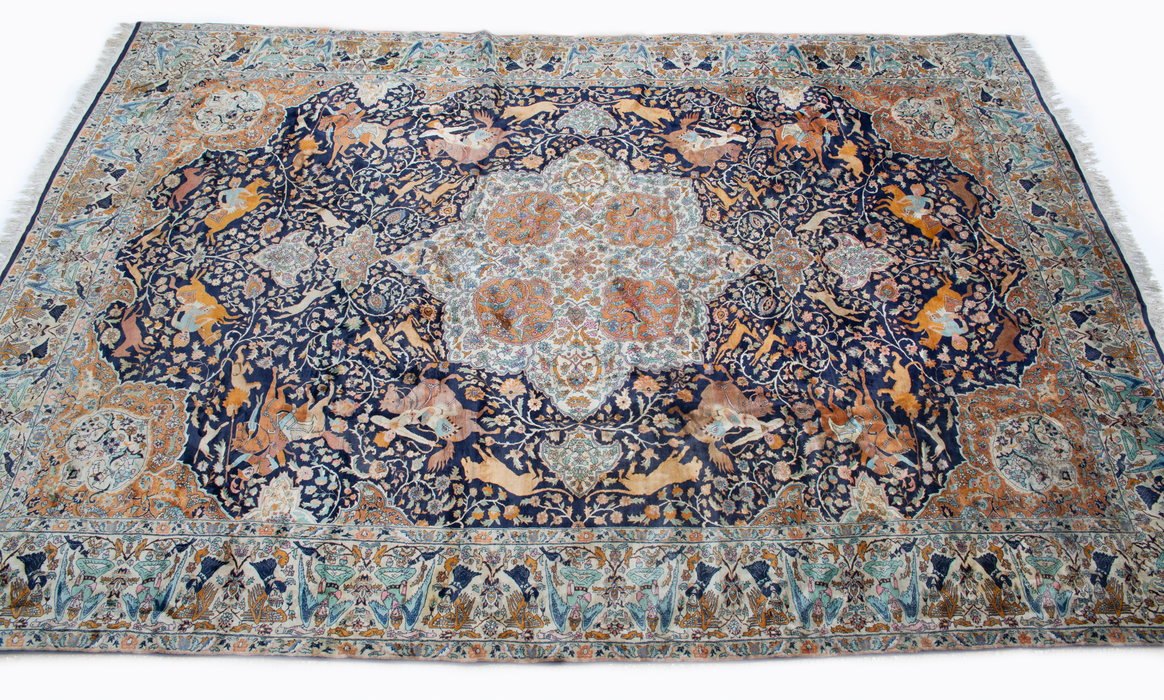 Appraisal: A large Middle Eastern blue ground pictorial carpet decorated with