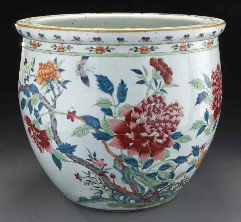 Appraisal: Chinese Qing famille rose porcelain fish bowldepicting peony blossoms and