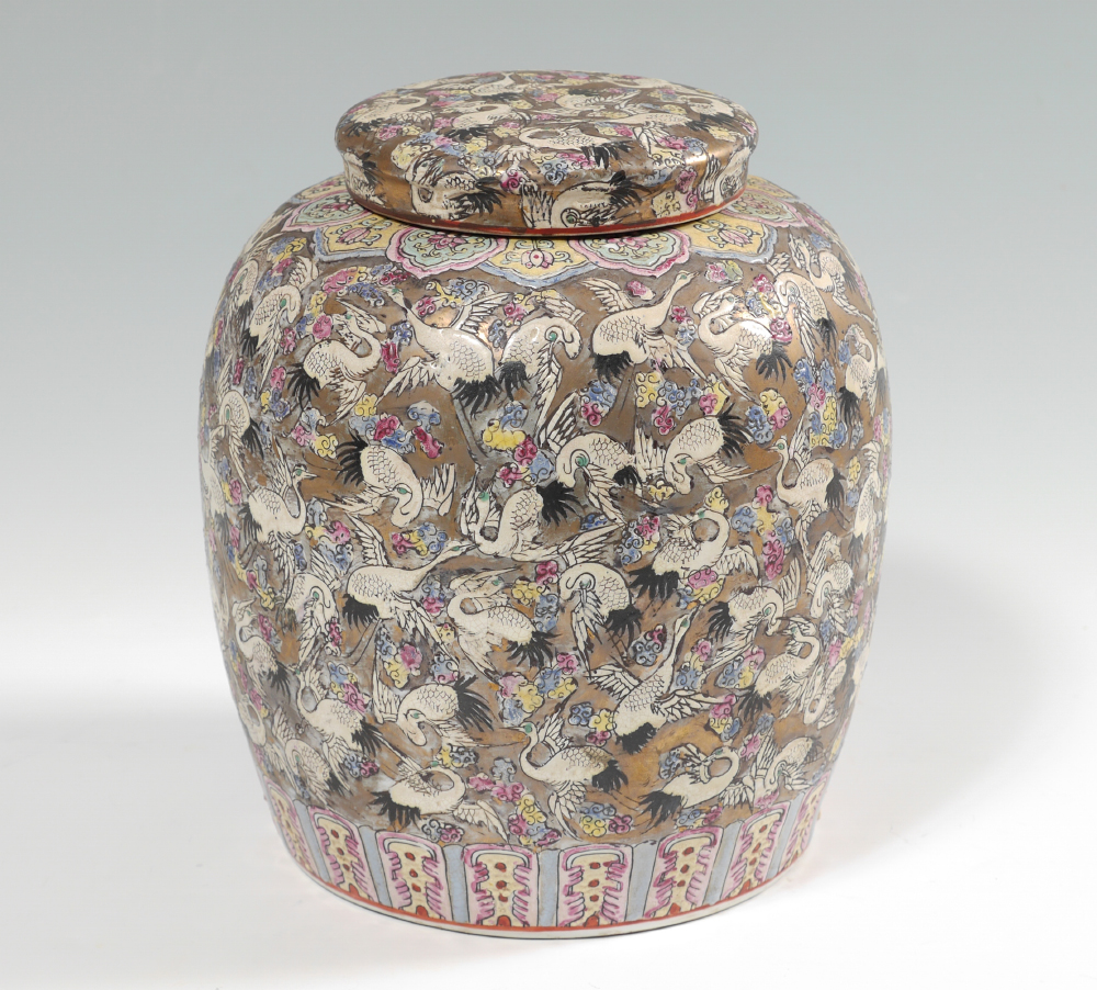 Appraisal: CHINESE THOUSAND CRANE PORCELAIN COVERED JAR Ginger jar in the