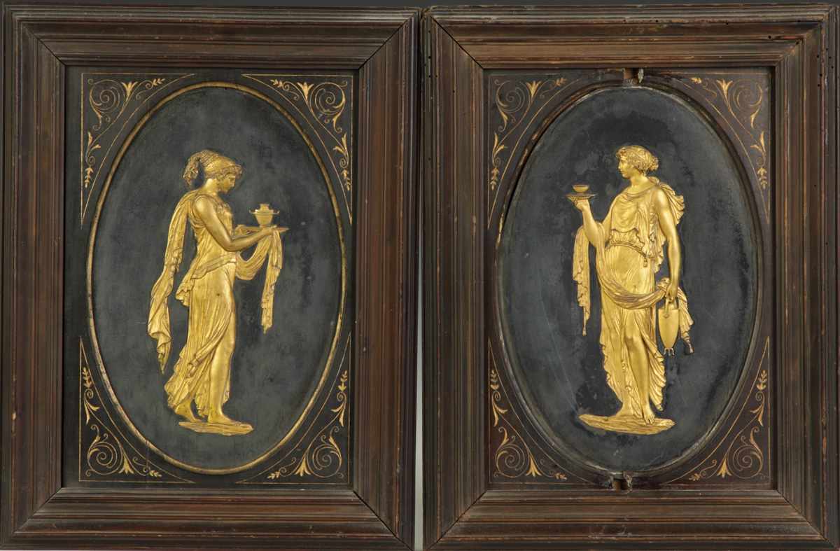 Appraisal: A Pair of Framed Victorian Plaques th cent Carved gilded