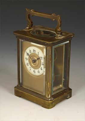 Appraisal: A brass carriage timepiece with cylinder platform escapement and an