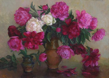 Appraisal: Olga Kalashnikova Russian born Peonies in a Pot Oil on