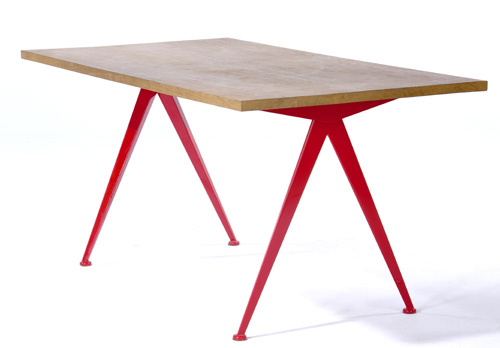 Appraisal: JEAN PROUVE Compass table with oak top on red enameled