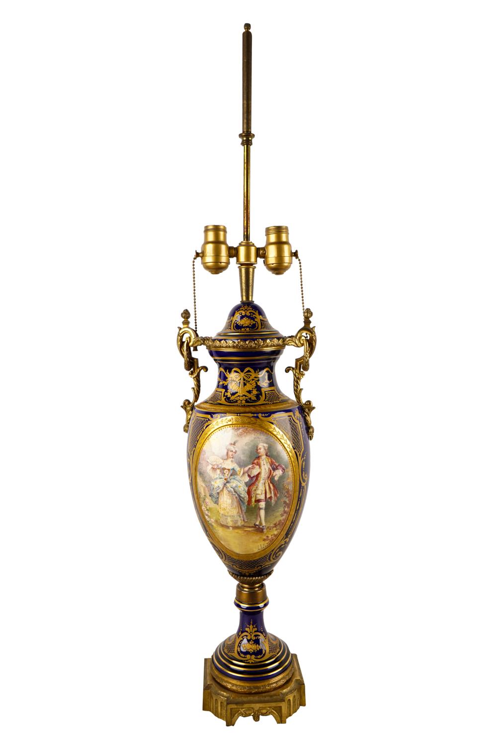 Appraisal: SEVRES-STYLE PORCELAIN URNmounted as a table lamp with gilt bronze