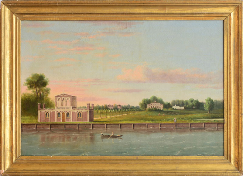 Appraisal: AMERICAN SCHOOL GOTHIC BOAT HOUSE Oil on canvas unsigned lined