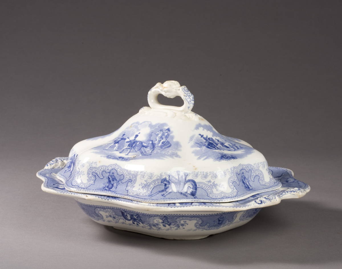 Appraisal: TEXIAN CAMPAIGNE STAFFORDSHIRE LIGHT-BLUE TRANSFER-PRINTED VEGETABLE DISH AND COVER JAMES