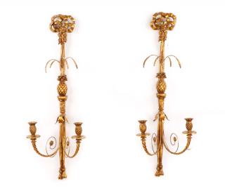 Appraisal: Neoclassical Pineapple Motif Giltwood Wall Sconces MAC Sculpture American contemporary