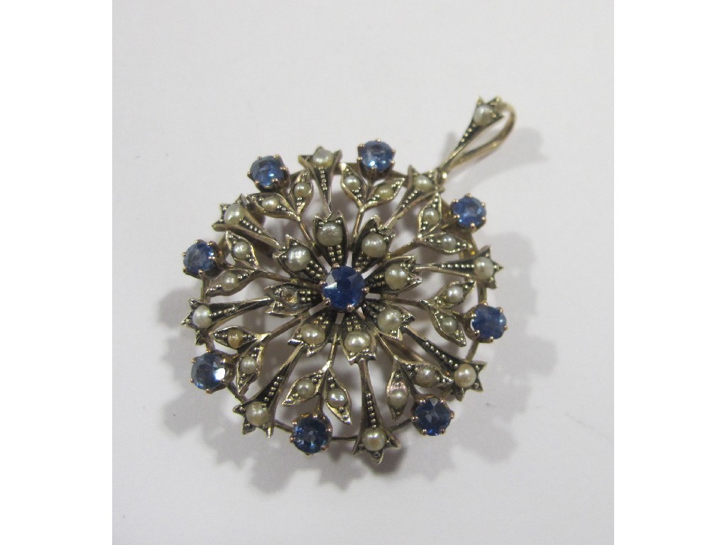 Appraisal: Edwardian ct gold sapphire and seed pearl set brooch pendant