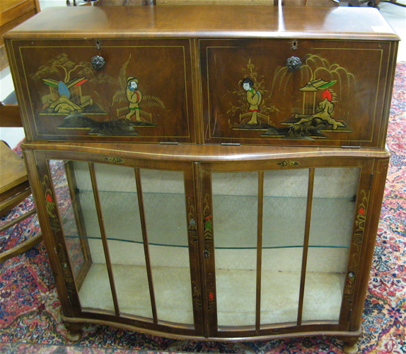 Appraisal: JAPANNED WALNUT SECRETARY BAR CHINA CABINET English th century The