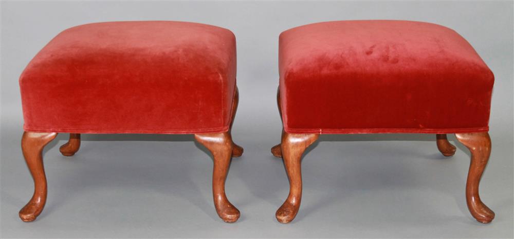 Appraisal: PAIR OF QUEEN ANNE STYLE RED VELVET- UPHOLSTERED MAHOGANY STOOLS