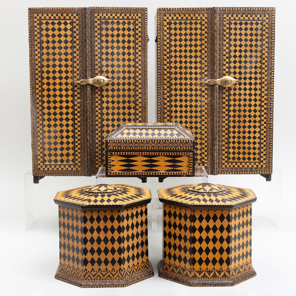 Appraisal: Group of Modern Indian Octagonal Geometrically Painted Boxes and Cabinets