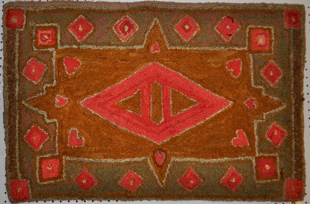 Appraisal: American Folk Art Oriental Style Hooked Rug with central diamond