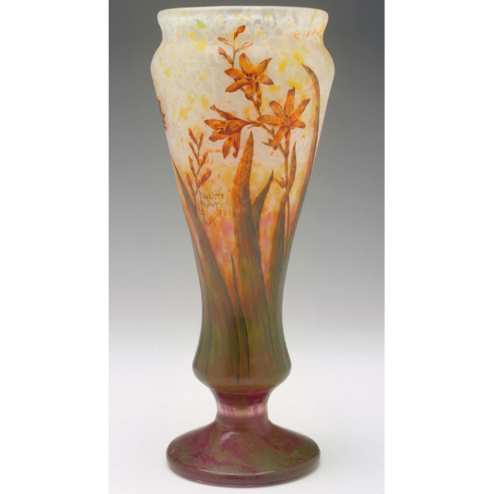 Appraisal: Daum vase tapered form with enameled flowers and long leaves