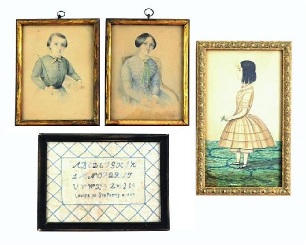 Appraisal: th C Sampler and three framed watercolor portraits details include