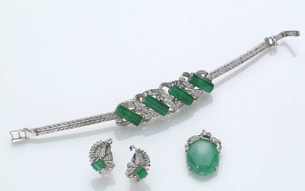 Appraisal: A collection of diamond jade and k white gold jewelry