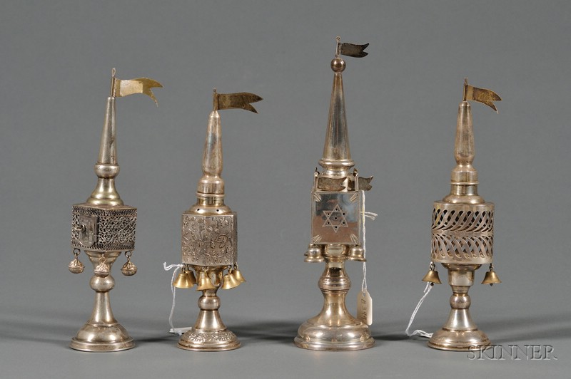 Appraisal: Four Tower-form Spice Containers th century comprising a German sterling