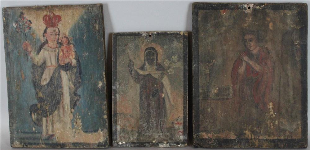 Appraisal: THREE MEXICAN SCHOOL RETABLOS all oil on board one of