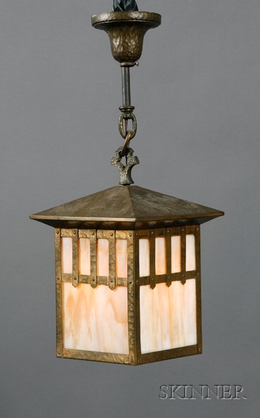 Appraisal: Arts Crafts Hanging Lamp Slag glass and brass New York