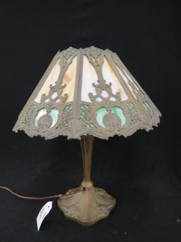 Appraisal: Slag Glass Lamp octagon shadewith fancy metalwork green and caramel