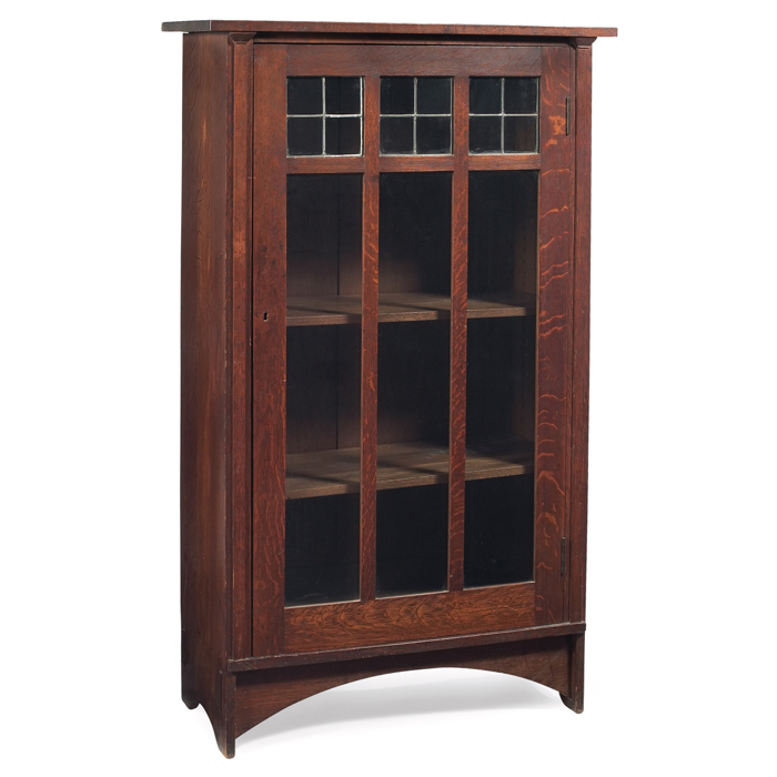 Appraisal: Good Gustav Stickley bookcase Harvey Ellis-influenced architectural form single door