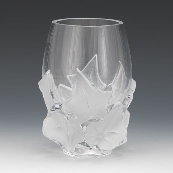 Appraisal: LALIQUE HEDERA VASE x Frosted and clear glass vase with