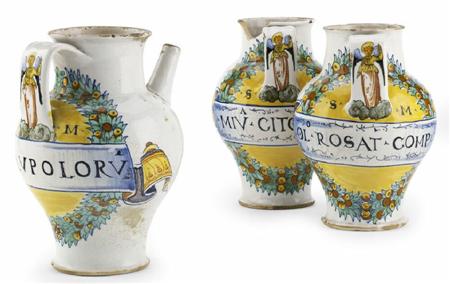 Appraisal: A set of three Deruta maiolica drug jars circa each