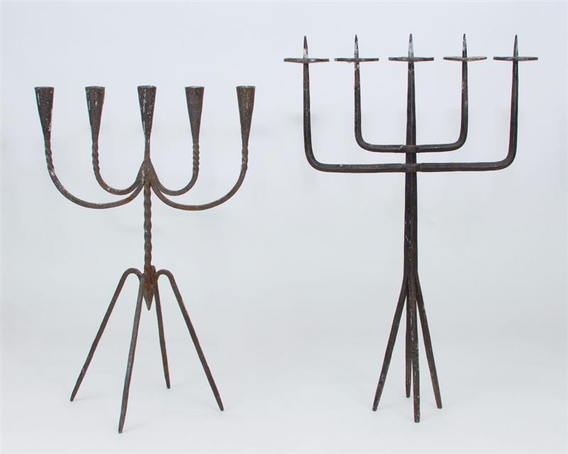 Appraisal: WROUGHT-IRON FIVE-LIGHT CANDELABRUM AND A FIVE-LIGHT PRICKET CANDELABRUM and in