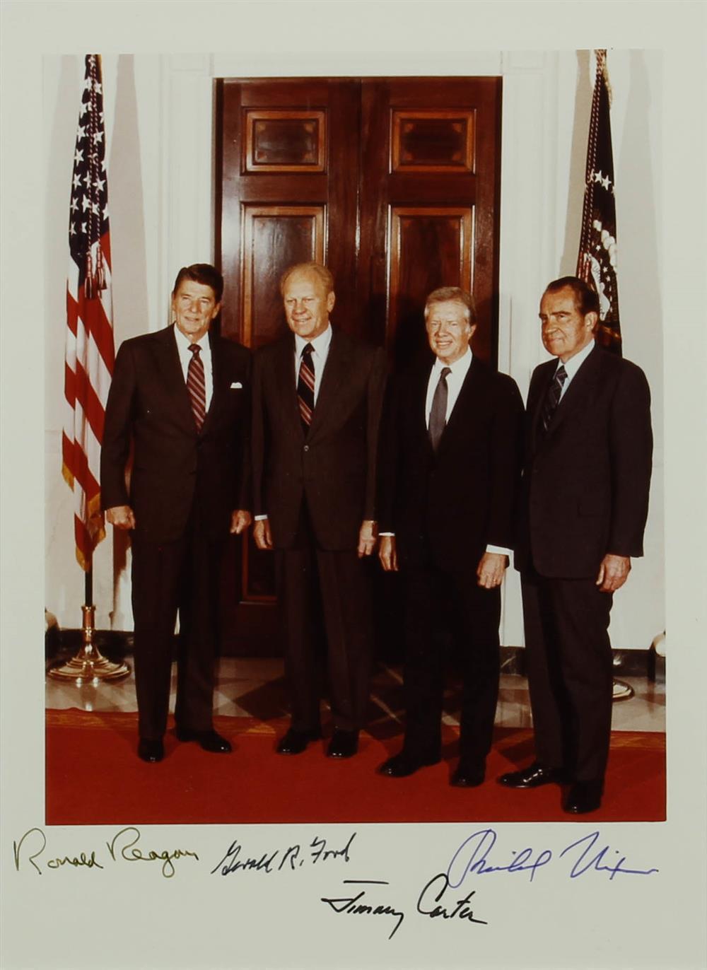 Appraisal: COLOR PHOTOGRAPH SIGNED BY FOUR U S PRESIDENTS NIXON FORD