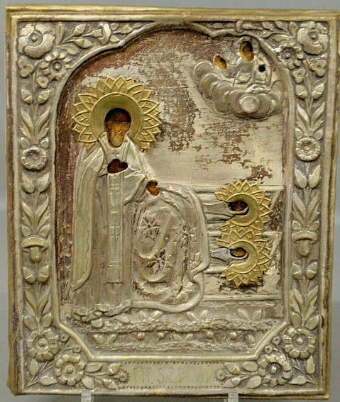 Appraisal: - Russian icon with silver front overlay with gilt decoration