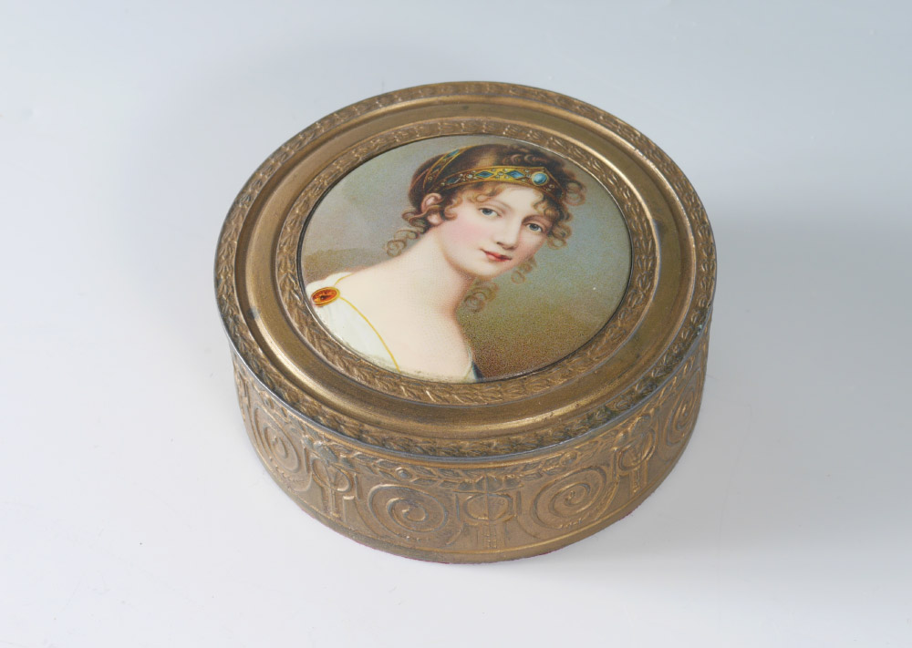 Appraisal: BRONZE DORE PORTRAIT DRESSER BOX Lid with transfer portrait of