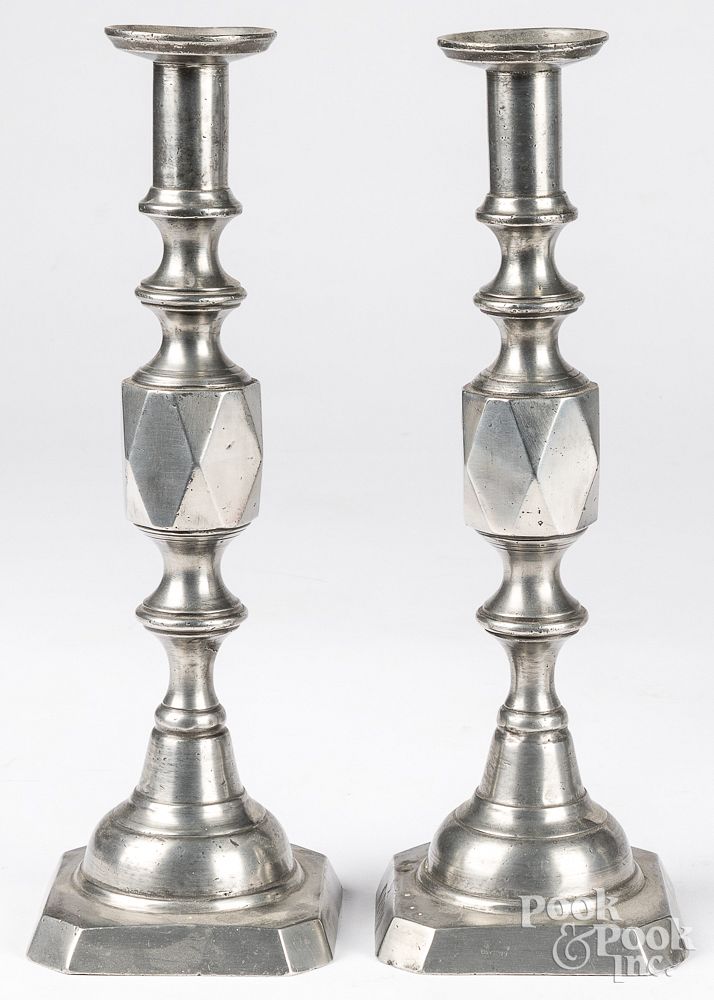 Appraisal: Pair of English pewter diamond candlesticks Pair of English pewter