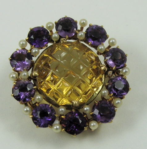 Appraisal: CITRINE AMETHYST AND SEED PEARL BROOCH K gold setting the