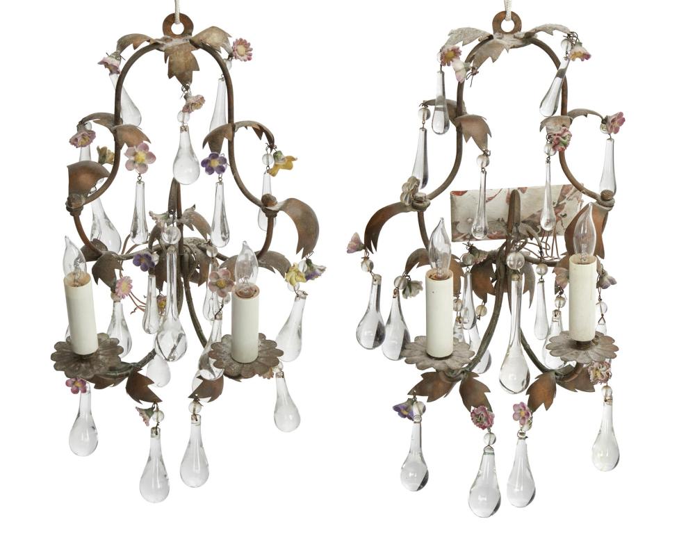 Appraisal: A pair of Italian gilt-metal crystal drape sconces th century