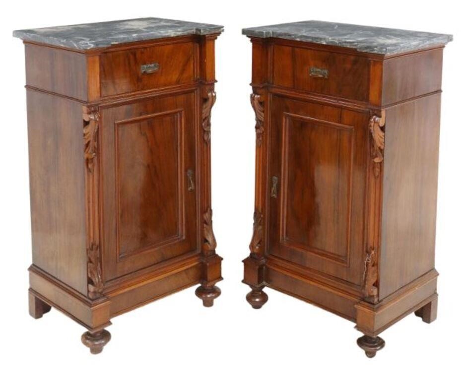 Appraisal: pair Italian carved walnut nightstands thc having shaped marble top