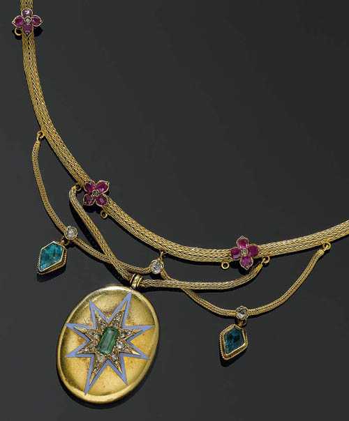 Appraisal: GOLD RUBY EMERALD AND DIAMOND NECKLACE ca Yellow gold Decorative