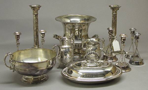 Appraisal: A quantity of silver plated table articles Comprising set columnar