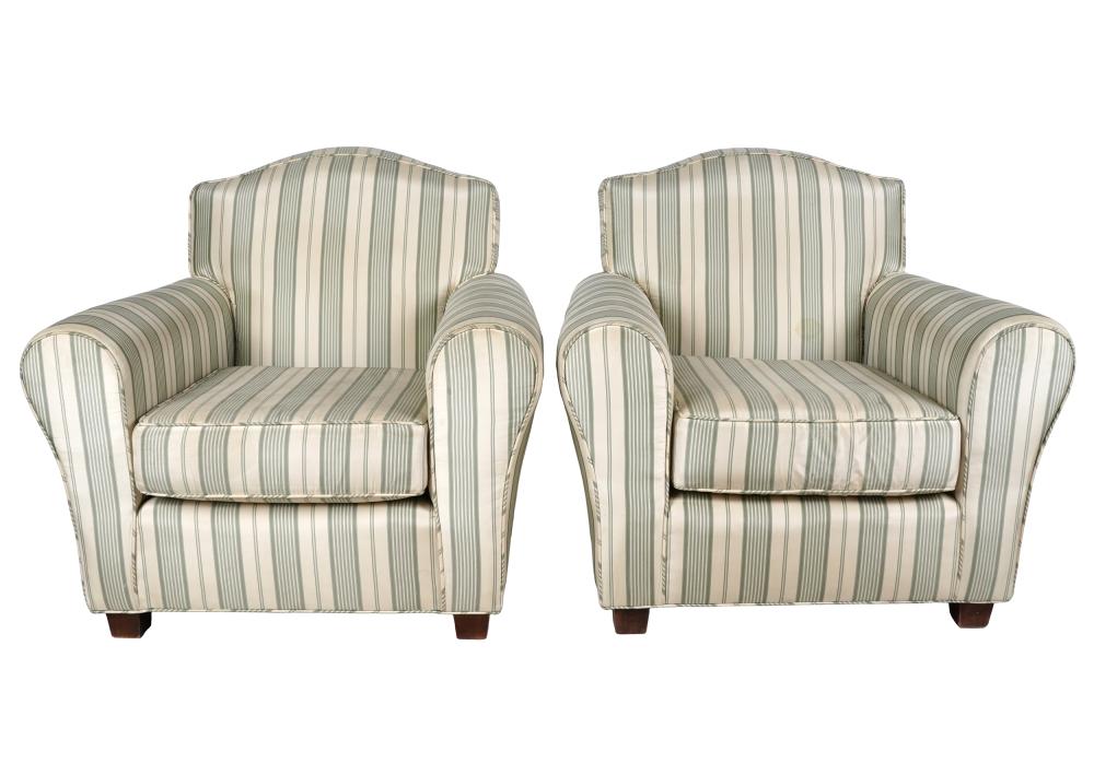 Appraisal: PAIR OF UPHOLSTERED CLUB CHAIRSno labels raised on wooden legs