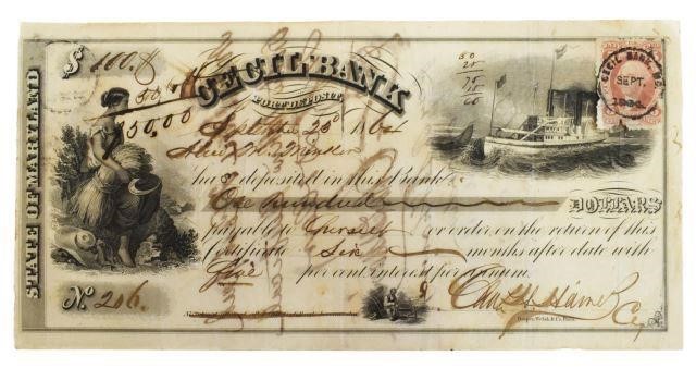 Appraisal: Civil War era certificate of deposit for to the Cecil