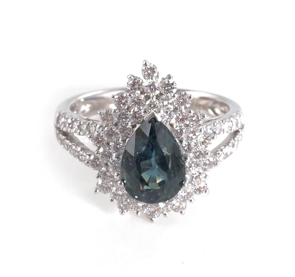 Appraisal: Natural sapphire and diamond ring ct pear-shape natural green-blue sapphire