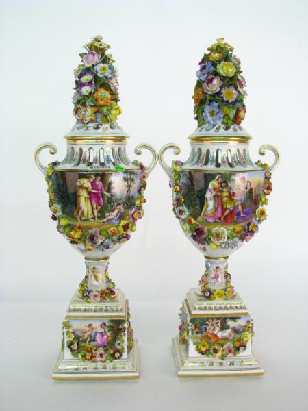 Appraisal: Contemporary Dresden Scenic Lidded Urns depicting romance scenes and applied