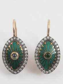 Appraisal: A pair of Russian ct gold and green enamel diamond